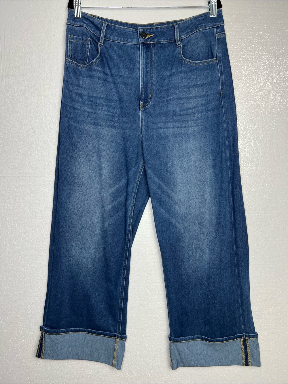 Halara Flex High Waisted Pockets Rolled Hem Wide Leg Washed Casual Jeans Sz L